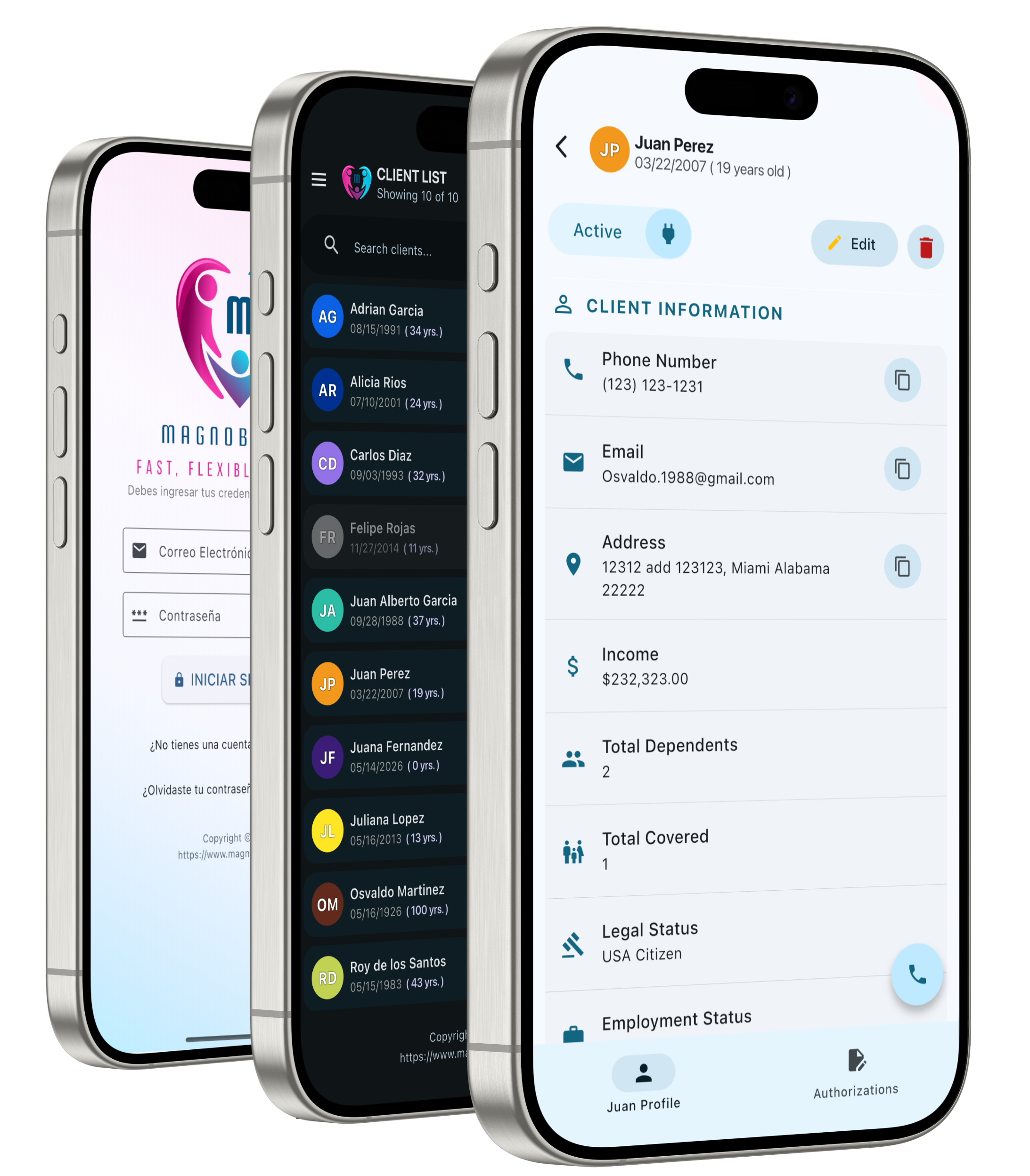 Magnobroker insurance broker platform on iPhone screens